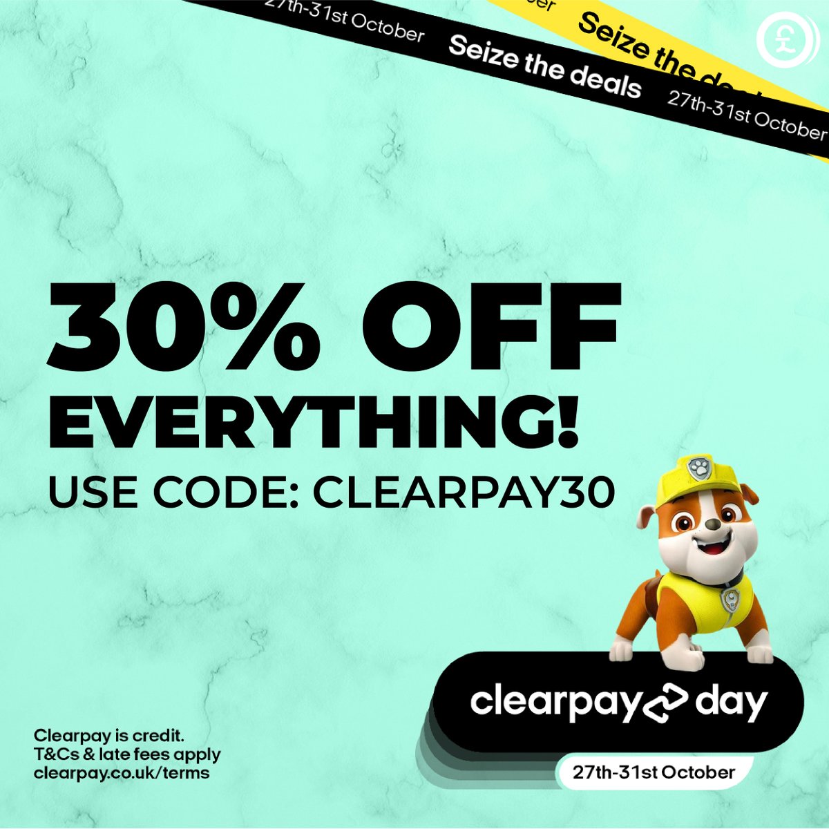 Clearpay Day is finally here! 🔥

For 5 days only, we've got 30% off all our big branded toys, books, puzzles, makeup, confectionery &amp; more! #clearpayday #clearpay #poundtoy

If you would like 30% off your next order, use code CLEARPAY30 at the checkout 🧡
bit.ly/3kjGCNW