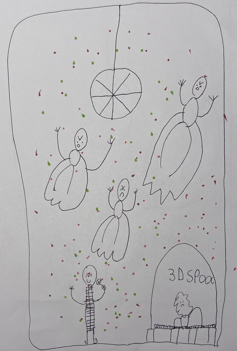 Asked a six year old to draw “Nothing Is Safe” by <a href="/clppng/">Clipping</a> - a house favourite - and here’s the results.

The piano intro is being played by a ghost called 3D Spook.

The vocalist is a skeleton.

The climactic refrain? Led by a choir of vampires.

And a disco ball.

👻 🎃 👻 🎃 👻