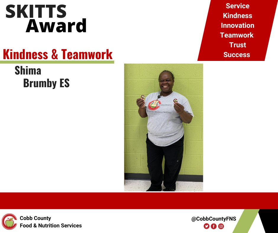 CobbCountyFNS's tweet photo. SKITTS Awards in Kindness &amp; Teamwork were recently awarded to Shima, Food Service Assistant at Brumby ES. She helped at Wheeler HS twice. The manager says that Shima is professional and full of energy.

Thank you for all that you do Shima! 👍😀
#FuelingStudentSucess #CobbFNSRocks https://t.co/dDv6gAWgLT