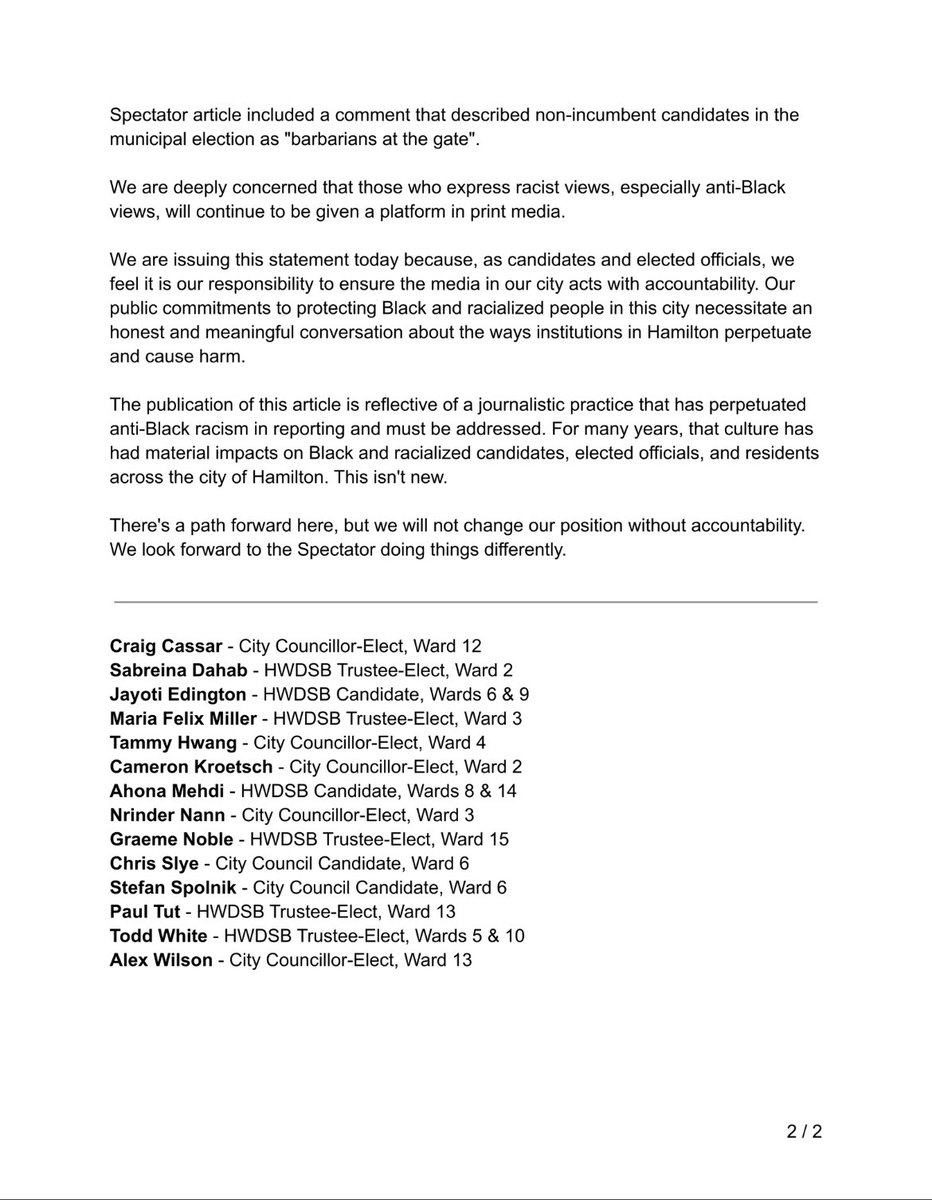Words matter. I am proud to stand with 13 other councillor-elects, trustee-elects, council candidates and trustee candidates in signing on to this open letter calling for <a href="/TheSpec/">Hamilton Spectator</a> to make amends for their anti-Black racism. #JournalisticIntegrity #HamOnt