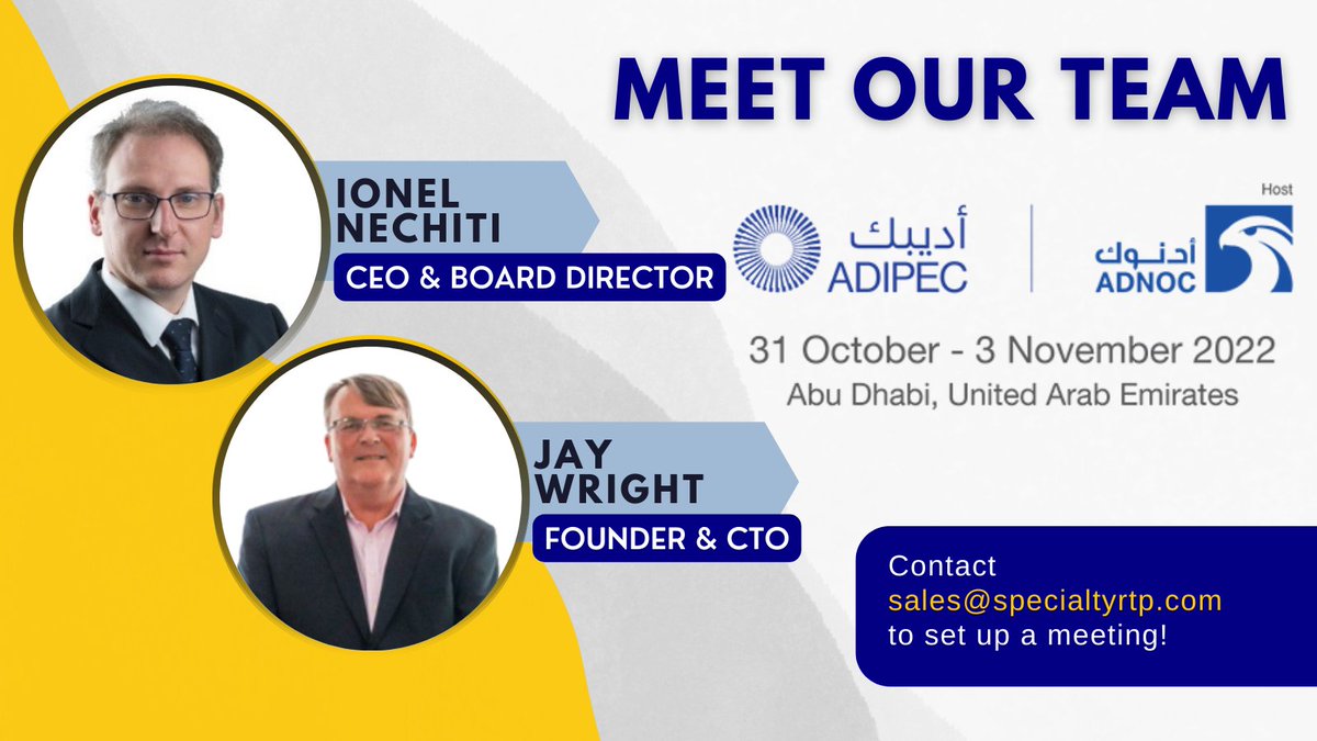 SpecialtyRTP's tweet photo. Specialty RTP is excited to announce that our team will be at @ADIPECOfficial! 

Interested in learning more about how our RTP technology can help your next project? Email us to set up a meeting sales@specialtyrtp.com

#ADIPEC2022 #RTP #technology https://t.co/0dIOzZSvGN