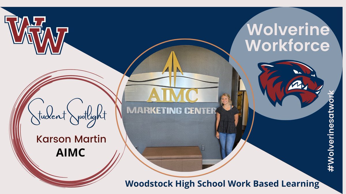 WoodstockHSWBL's tweet photo. Our Student Spotlight this week is Karson Martin.  Karson is working at the marketing center for AIMC where she is learning work place skills that will benefit her career in the future! #WBL@work #SkilledWolverines #CTAEdelivers https://t.co/3fHE9eYpdB