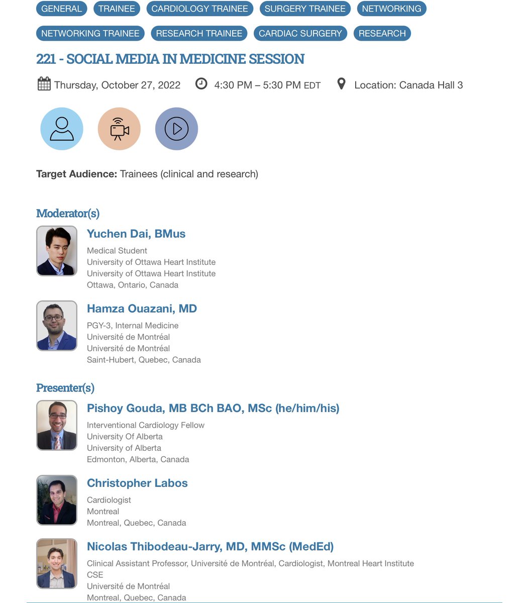 yuchendai_'s tweet photo. Please join my co-chair @hamza_ouazani and I at #CCCongress today 4:30 PM for our session on ‘Social Media in Medicine’. We have an excellent panel ready to share their insight — @p_gouda1 @drlabos @nthibodeaujarry! @SCC_CCS_Trainee https://t.co/rOCK0gDDf7