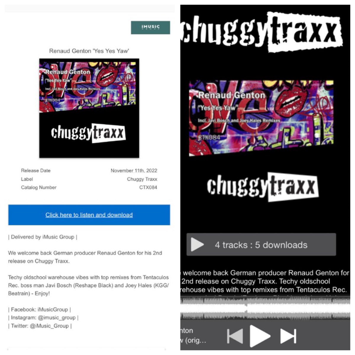 ChuggyTraxx's tweet photo. Check your promo inbox!! Big Tune alert💥
Just send out Renaud Genton “Yes Yes Yaw” with hot JAVI BOSCH and Joey Hales Remixes🔥
Great early feedback 🙌
#RenaudGenton #JaviBosch #JoeyHales #YesYesYaw #TechHouse #PromoInbox #Promo #Djlife #iMusicGroup #Fatdrop #Inflyte #CheckItOut https://t.co/kn5DnJtxS5
