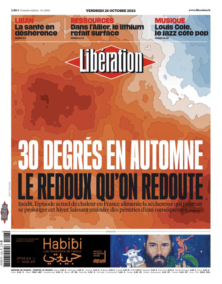 À la une de <a href="/libe/">Libération</a> vendredi : 

🌡 30ºC en automne : le redoux qu’on redoute 

journal.liberation.fr