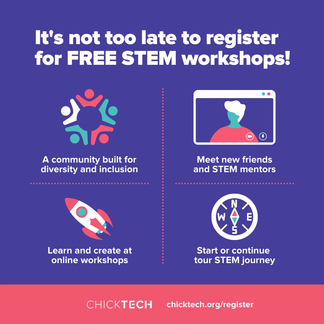 chicktechorg's tweet photo. It's not too late to register for ChickTech: High School's kickoff weekend! 👩🏽‍🔬 Join us this Saturday, October 29th, for our introductory session and to learn more about upcoming events throughout the school year.

Learn more and register at https://t.co/a4830lQtJM https://t.co/aYE27MaCdM