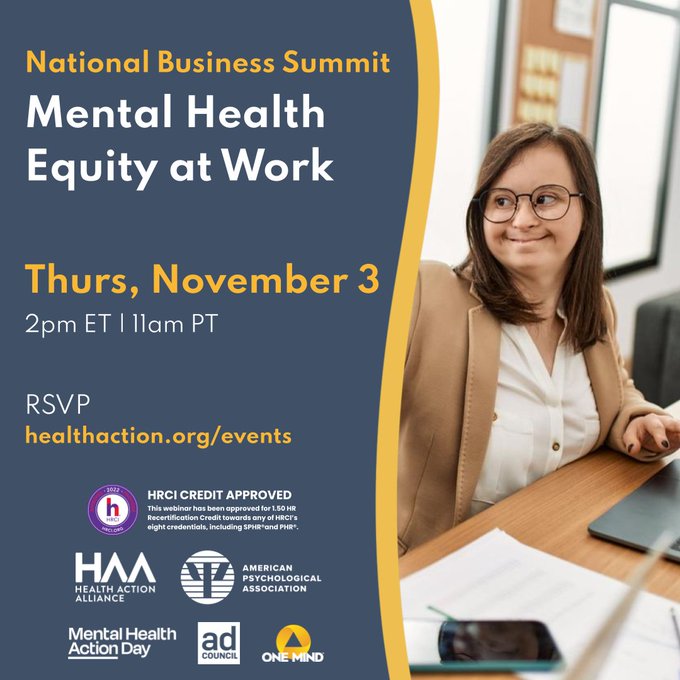 REGISTER now for next week's Mental Health Equity at Work Summit for the latest insights from business and mental health leaders. @healthaction @OneMindOrg @AdCouncil @deBeaumontFndtn #mentalhealthequity RSVP: on.apa.org/3SHiLGS
