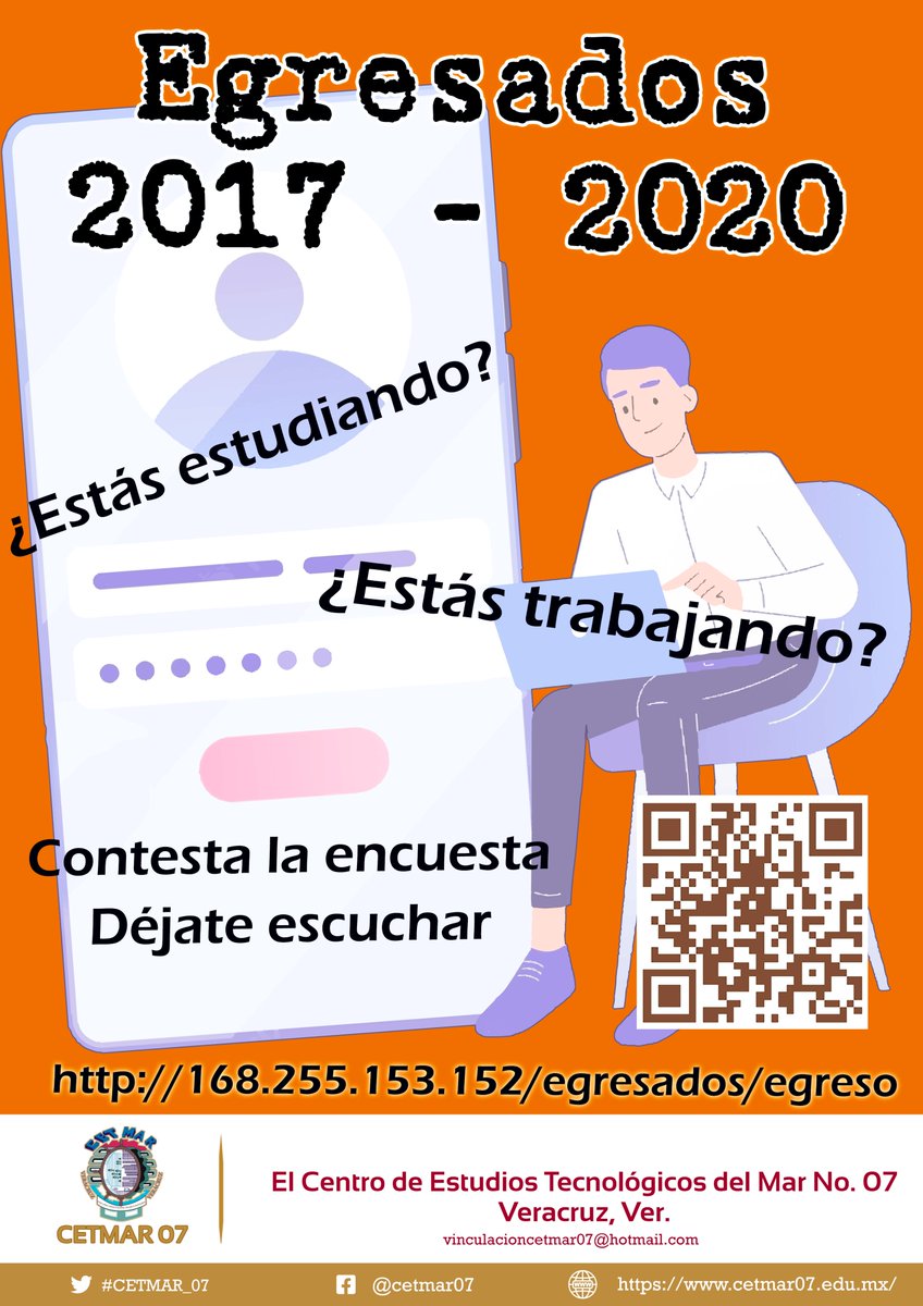 CETMAR_07's tweet photo. Aviso
Estimados egresados 2017 - 2020
Te invitamos a contestar la encuesta 
http://168.255.153.152/egresados/egreso 
Queremos saber que carreras están estudiando 
Así también si están incorporados al área laboral.
Opiniones académicas y/o laborales.
Atentamente CETMAR07 https://t.co/dkLWr4l9G5