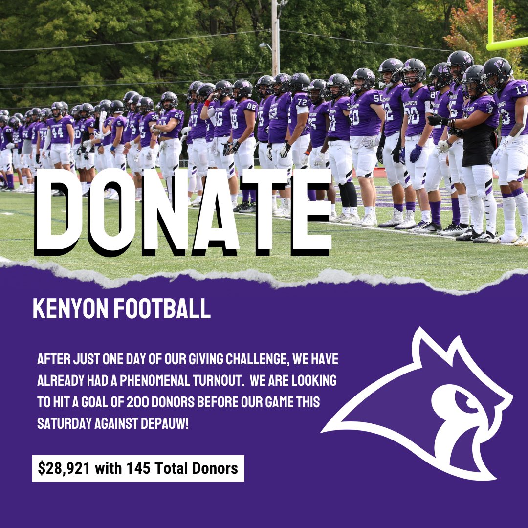 We appreciate all of the donations so far! Keep it going! Let’s hit 200 donors before Saturday’s game! #GoOwls #GivingChallenge

Link: givecampus.com/schools/Kenyon…