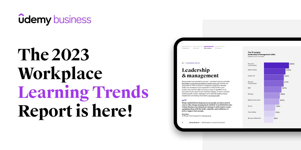 udemy's tweet photo. Introducing the 2023 Workplace Learning Trends Report! ✨

Explore top business, technical, and personal skills driving business impact and learn how to get ahead in today's world. Download now ➡️ https://t.co/MhV61I4WoP https://t.co/JoC9PDz3FR