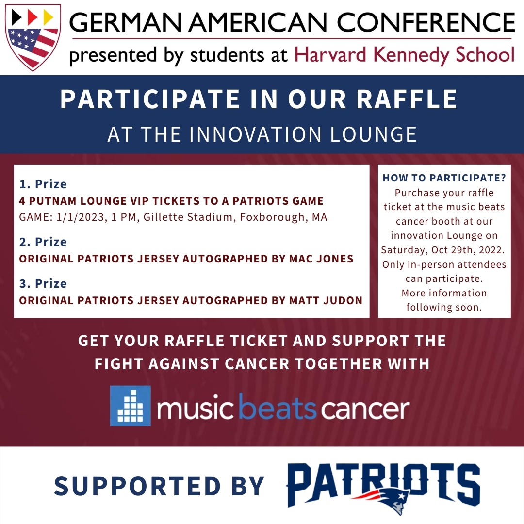 Participate in our raffle, hosted by musicbeatscancer and supported by the <a href="/Patriots/">New England Patriots</a>, during our Innovation Lounge on Saturday. Raffle ticket revenue will be 100% allocated to support the fight against cancer!