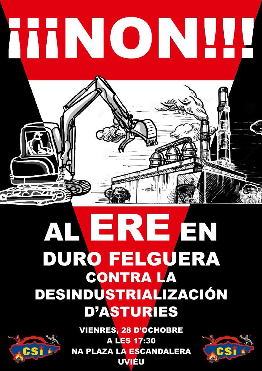 🆘🆘NON AL ERE EN DURO FELGUERA CONTRA LA DESINDUSTRIALIZACIÓN D´ASTURIES!!

Ven a la concentración de sofitu a las y los trabayadores.
🗓️VIENRES 28 D´OCHOBRE
🕠 17:30 HORES
📍 PLAZA LA ESCANDALERA D´UVIÉU