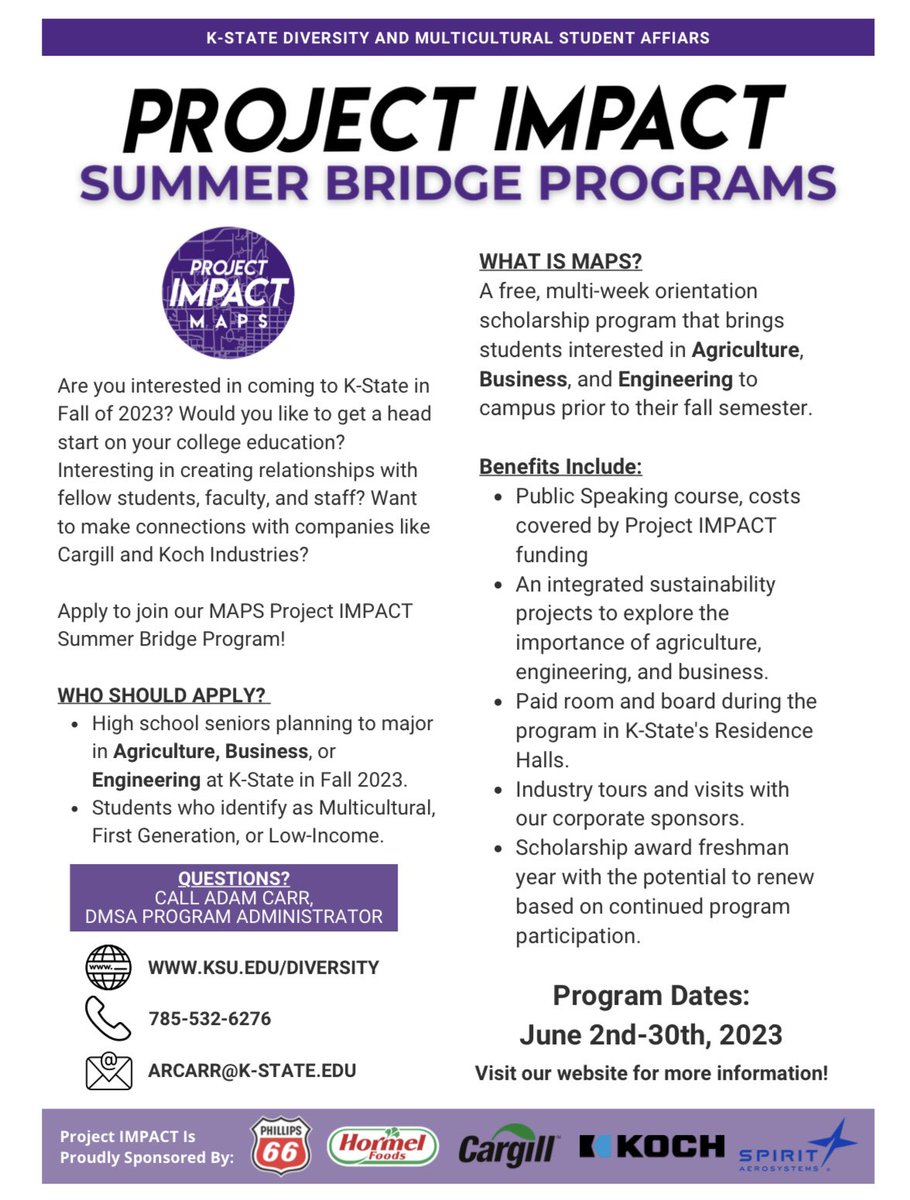 GraceBerumen's tweet photo. Calling all high school seniors! Don’t miss this great opportunity at Kansas State University 💜
Application link below:
https://t.co/ye930CO3Z9
#Phillips66
#KochIndustries
#Hormel
#cargill
#spiritaerosystems
#kstatedmsa
#kstatebusiness
#kstateagriculture
#kstateengineering https://t.co/IEbfJcinRy