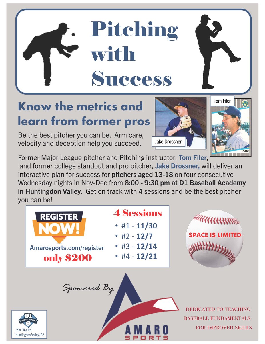 Calling all pitchers! We have a great workshop for you -Arm-care, Pitching Success and Mobility, 4 sessions on Wednesday nights - 11/30, 12/7/, 12/12 and 12/20 8:00-9:30 working with former Pros at D1 Baseball Academy. 
Register today  amarosports.com/register/?even… #pitchingsuccess