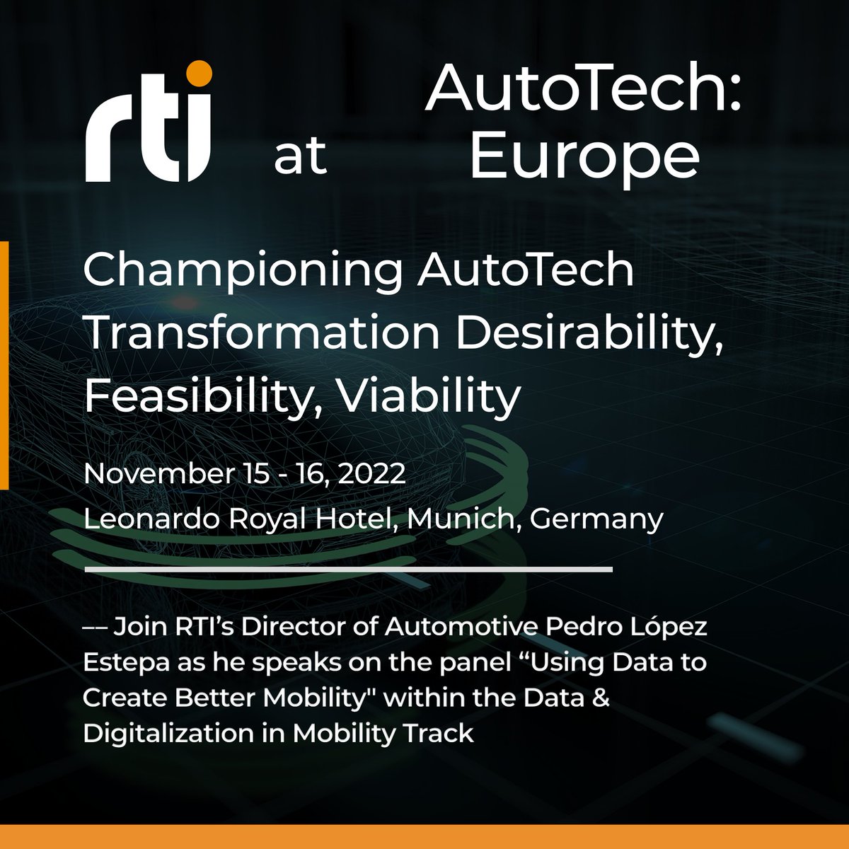 rti_software's tweet image. Attending #AutoTechEurope 2022? Join RTI’s Director of Automotive Pedro López Estepa as he speaks on the panel “Using Data to Create Better Mobility&quot; within the Data &amp;amp; Digitalization in Mobility Track. Find out more about the event and session here:

wardsauto.informa.com/autotech-europ…