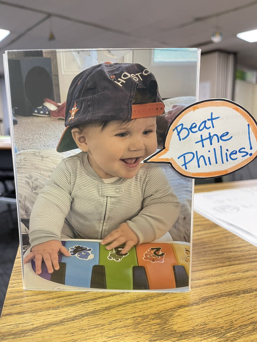 donnaGeorge91's tweet photo. @astros My grandson is wearing his daddy’s Astros hat from almost 30 years ago! His daddy is in the Navy and is a die hard Astros fan!! This pic is in my classroom to remind one of my students (Philly fan) which team will have the victory! https://t.co/FgEj4Vkmon
