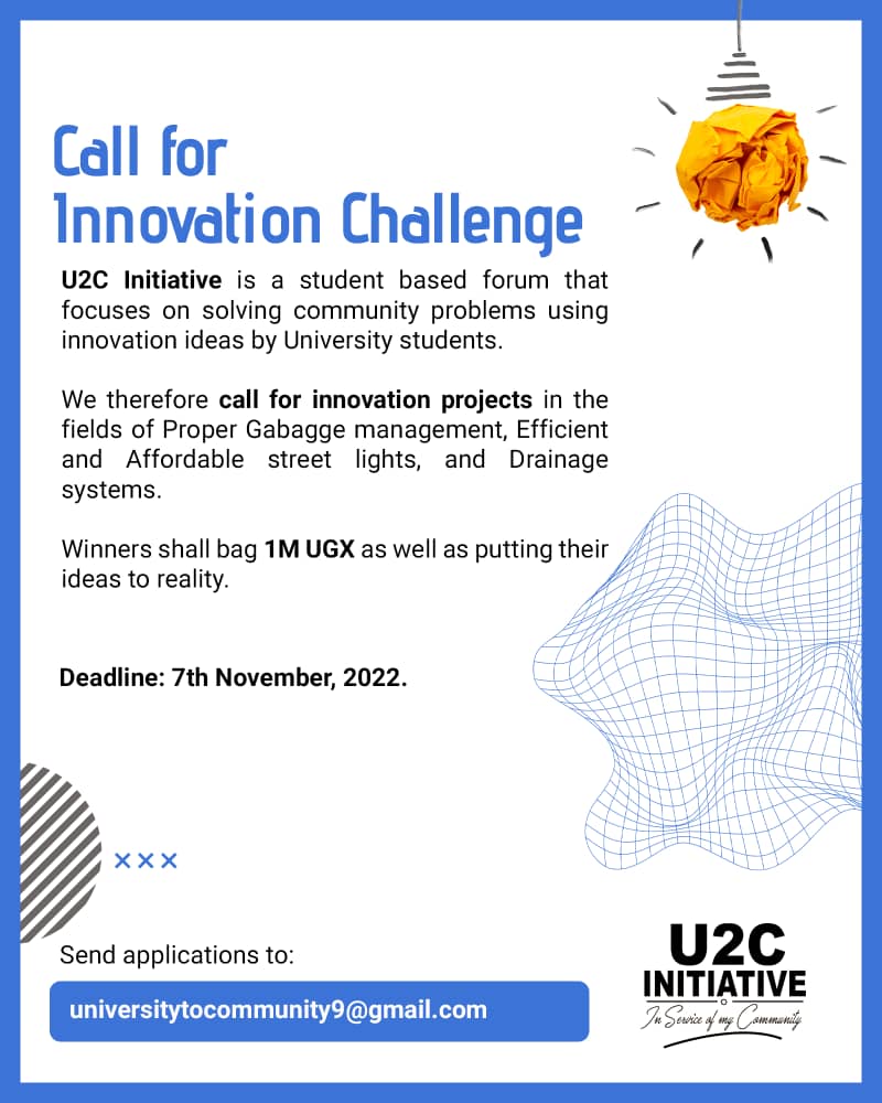 Uni2Community's tweet photo. We present to you the opportunity of a life time😃, we present to you the opportunity to make a difference in our community🥳...remember its you and me who make a better day😊😊 #community #makerereat100 #makerere #university #U2C #innovation https://t.co/V4fE1JGorX