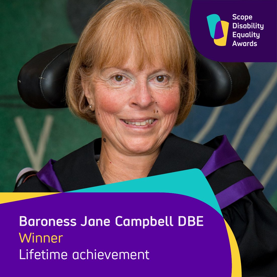 🏆 Baroness Jane Campbell DBE wins our Scope Lifetime Achievement Award! A crossbench peer, Jane campaigns for disability rights by engaging with parliament, and empowers disabled people through social and political change. We’re pleased to recognise @BnsJaneCampbell’s work.