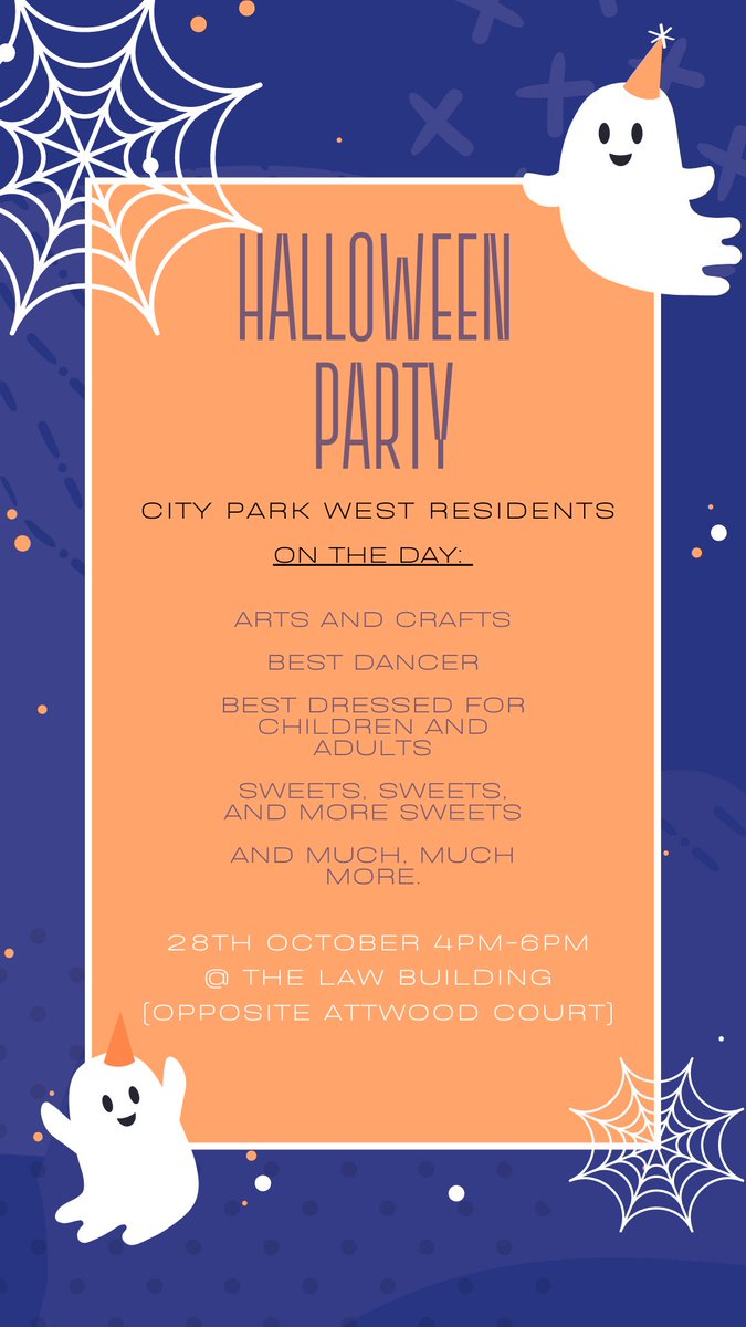 Calling all City Park West residents. Don't forget your Estates Team is putting on a Halloween Party tomorrow for you all to enjoy. Come down and check it out. Details in flyer!🎃 👻 👻