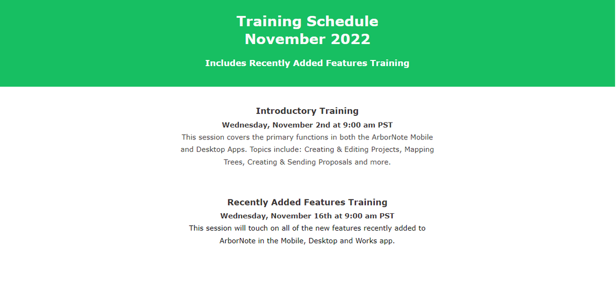 arbornote's tweet photo. ArborNote's November Training Schedule is here! We offer free monthly training to our customers to keep them up to date on all of our amazing features. Click here to learn more about ArborNote software! https://t.co/KIDr2YHSFy

#training #software #arbornote https://t.co/4stOgAlvWf