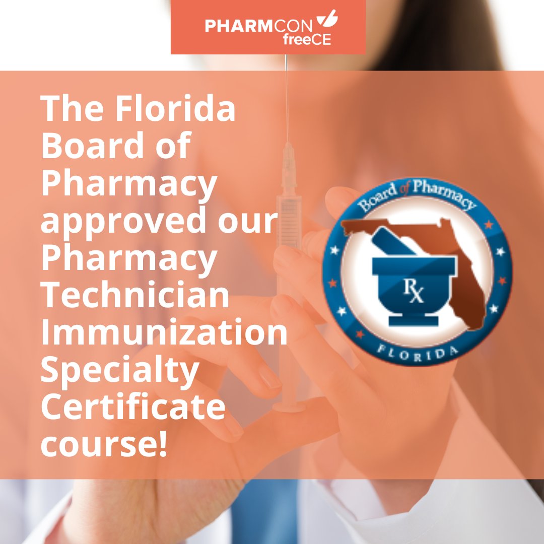 freeCEonline's tweet photo. THIS JUST IN!📣

Our #PharmacyTechnician #Immunization Specialty Certificate was recently approved by the Florida Board of Pharmacy!

#Pharmacytechs in #Florida can now take our @PTCB-approved, online course at their convenience.

Learn more here: https://t.co/AcsriH5PmL

#freeCE https://t.co/6XahchXdSo