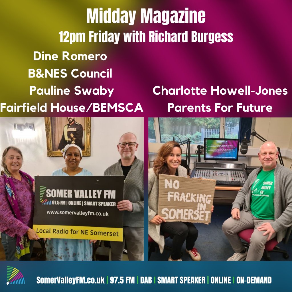 SomerValleyFM's tweet photo. 12pm Friday
#MiddayMagazine
@CllrDineRomero
@bathnescouncil
@Bathnes_libraries
Pauline Swaby
@FairfieldHouse_
▶Intro to Fairfield
▶Half-term attractions
▶Cost of Living
Charlotte Howell-Jones
@parents_4future
▶Fracking in NE Somerset
▶Renewable energy
▶Energy security https://t.co/cuqQvWv7UA