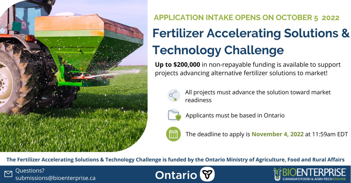 Need help with your Fertilizer Accelerating Solutions &amp; Technology Challenge application? Our industry partner <a href="/DiscoveryFarmON/">Discovery Farm Woodstock</a> can help through:

- On-farm demonstration at Woodstock, ON.
- Promotion through <a href="/outdoorfarmshow/">Canada's Outdoor Farm Show</a> network.

📩 Learn more: submissions@bioenterprise.ca