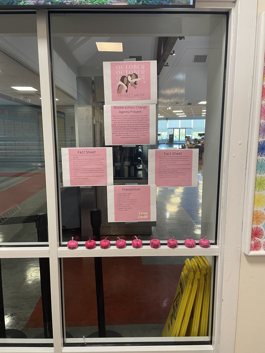 Middle School Change Agents - a group of students who work to bring about positive changes in our School community and The Bronx raised awareness about breast cancer, painting pumpkins with facts, prevention strategies, and names of those who have been affected by cancer.