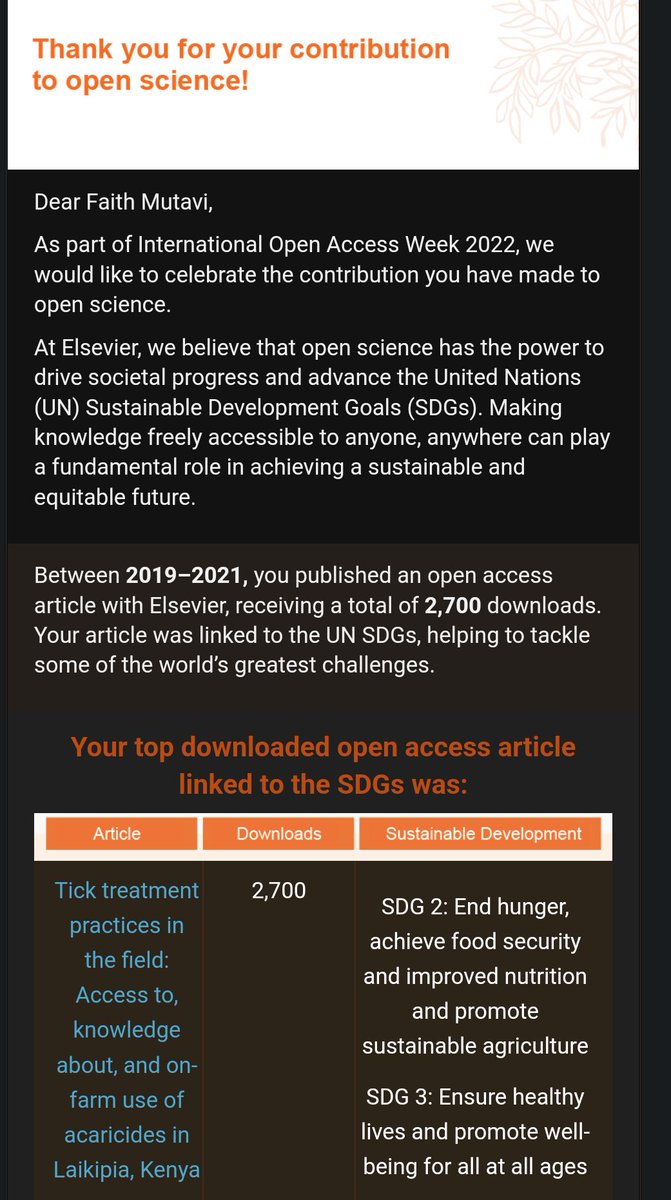 Find my most downloaded article on Tick treatment practices here. 
sciencedirect.com/science/articl…

The knowledge I generated is linked to SDG 2: Zero hunger and SDG 3: Good health and well being
Happy reading
#ticks 
#tickcontrol
#TTBD 
#knowledge 
#SDG2 
#SDG3