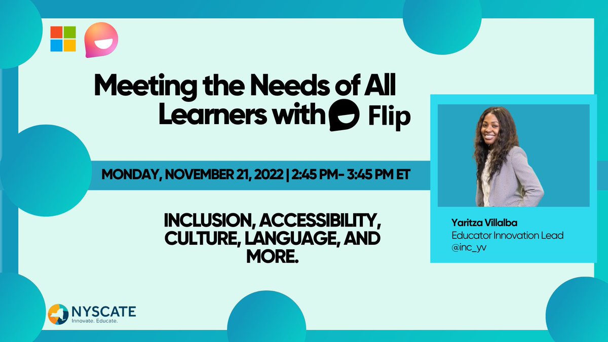 Over the moon to announce that I am presenting in my home State of NY at #NYSCATE22🎉 Join me for a session on ‘Meeting the Needs of All Learners with @MicrosoftFlip’ Let’s discuss: 💬 Bridging the Resource Gap #CRSE 💬 Accessibility 💬 Inclusion 🔗nyscate22.sched.com/event/1220be7e…