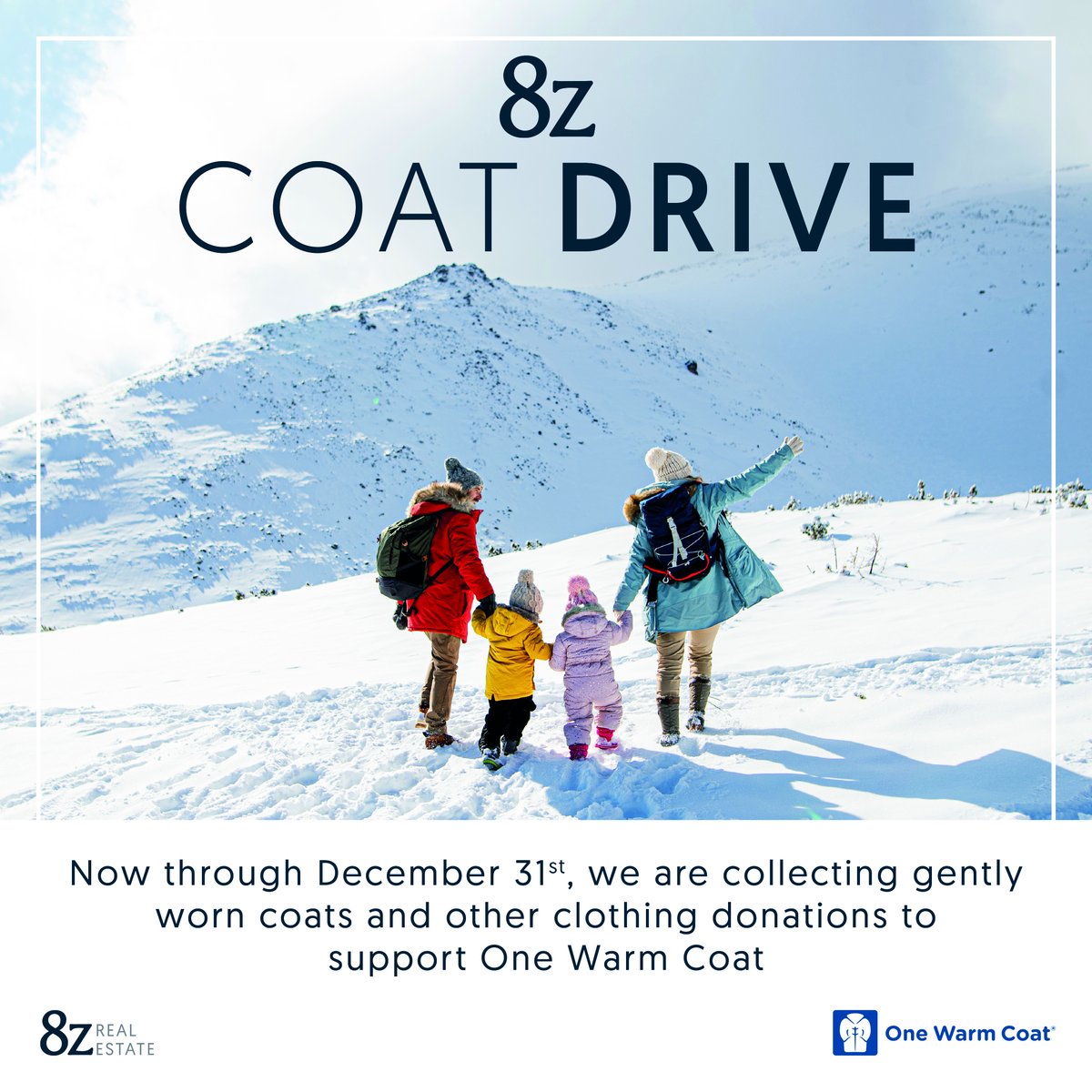 8zRealEstate's tweet photo. We’re spreading warmth in our local communities this winter by holding a @onewarmcoat drive at a majority of our offices - gather gently-used coats and go to https://t.co/cmQd8UdEnk to see where you can drop them off!
#no1cold #ShareWarmth #OneWarmCoat #ANewWayHome #8z https://t.co/UIwaDQ13Kk