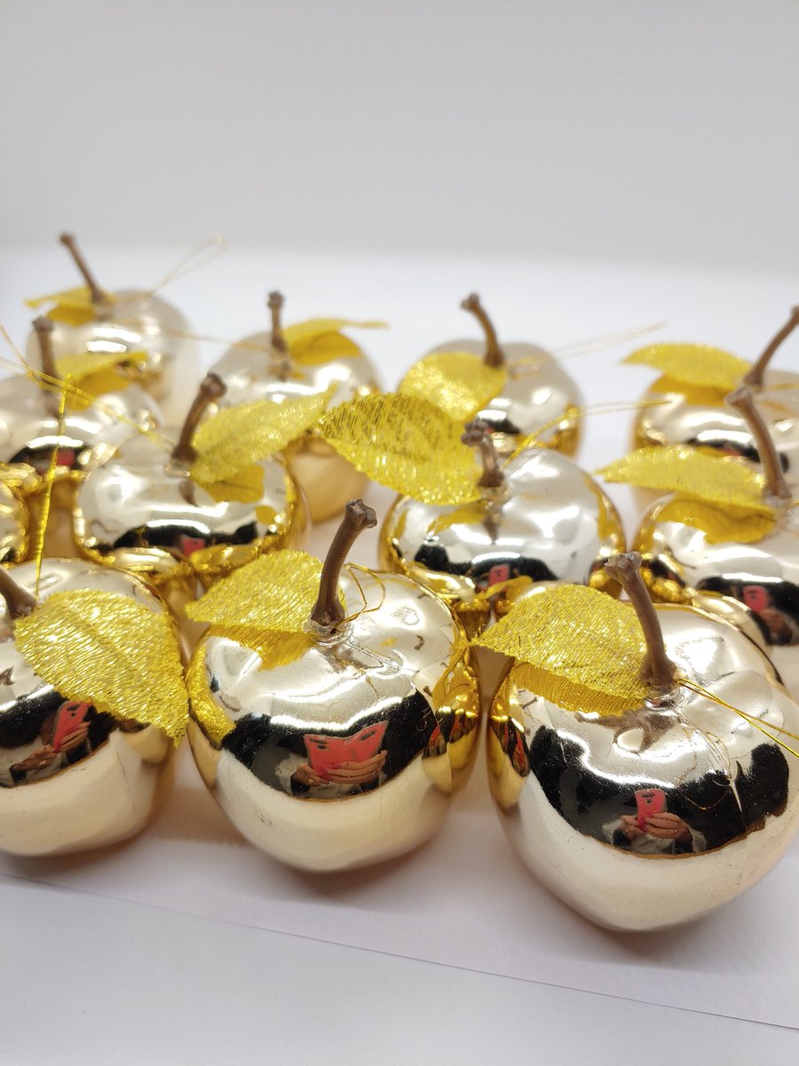 Vintage Gold Metallic Apple Christmas Ornaments with Sparkling Gold Leaves - 5.5cm - lot of 12 etsy.me/3sCbTQo #christmas #victorianornament #apples  #bettysattictreasures