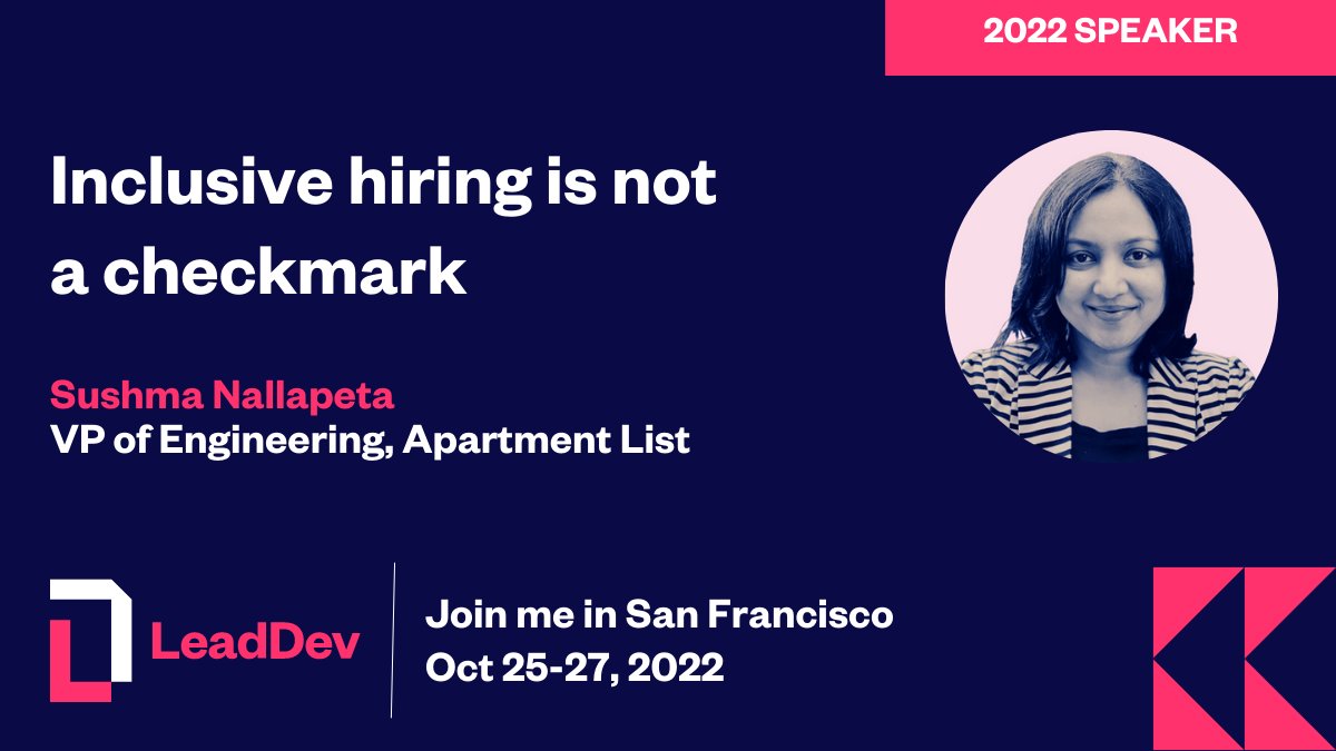 LeadDev (@theleaddev) on Twitter photo Our next speaker for #LeadDevSanFrancisco is <a href="/sushmars/">Sushma Nallapeta</a> as she discusses the importance on making sure that inclusive hiring is not just a checkmark in your engineering org. bit.ly/3zhLWcQ Our next speaker for #LeadDevSanFrancisco is <a href="/sushmars/">Sushma Nallapeta</a> as she discusses the importance on making sure that inclusive hiring is not just a checkmark in your engineering org. bit.ly/3zhLWcQ