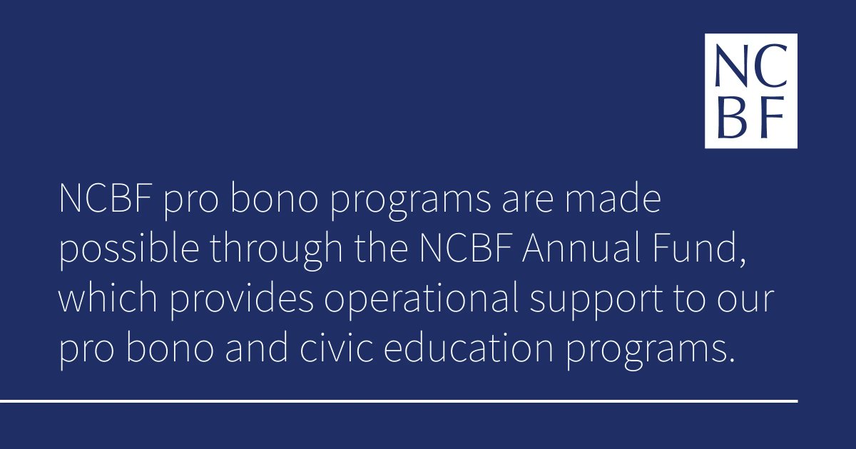 There are so many ways to #CelebrateProBono this month. One way is to make a gift to the NCBF Annual Fund, which provides operational support to our pro bono and civic education programs. Make your gift today and know that it is so appreciated: buff.ly/3SW4gzC.
