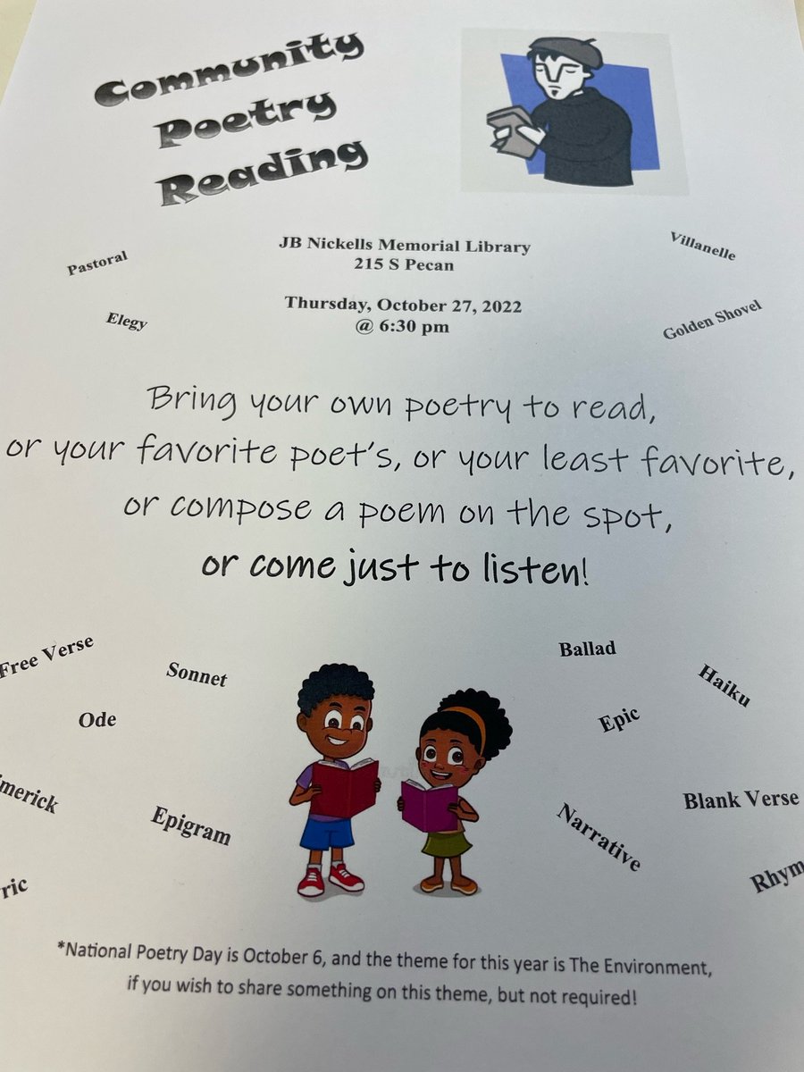 ImaLulingReader's tweet image. Hey, Poetry lovers! The Library will be hosting its first Poetry Reading tonight at 6:30 PM! If you can&apos;t make this one, we&apos;ll be doing it again on November 17! #poetry #poetryreading #luling #favoritepoem
