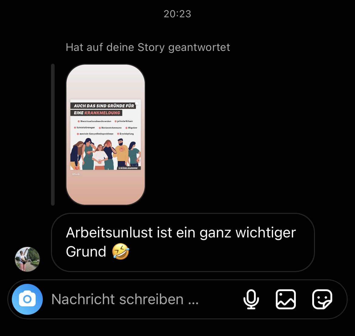 Ich: teile Beitrag zu (mentaler) Gesundheit und Krankmeldung

Niemand:

Boomer Annette: