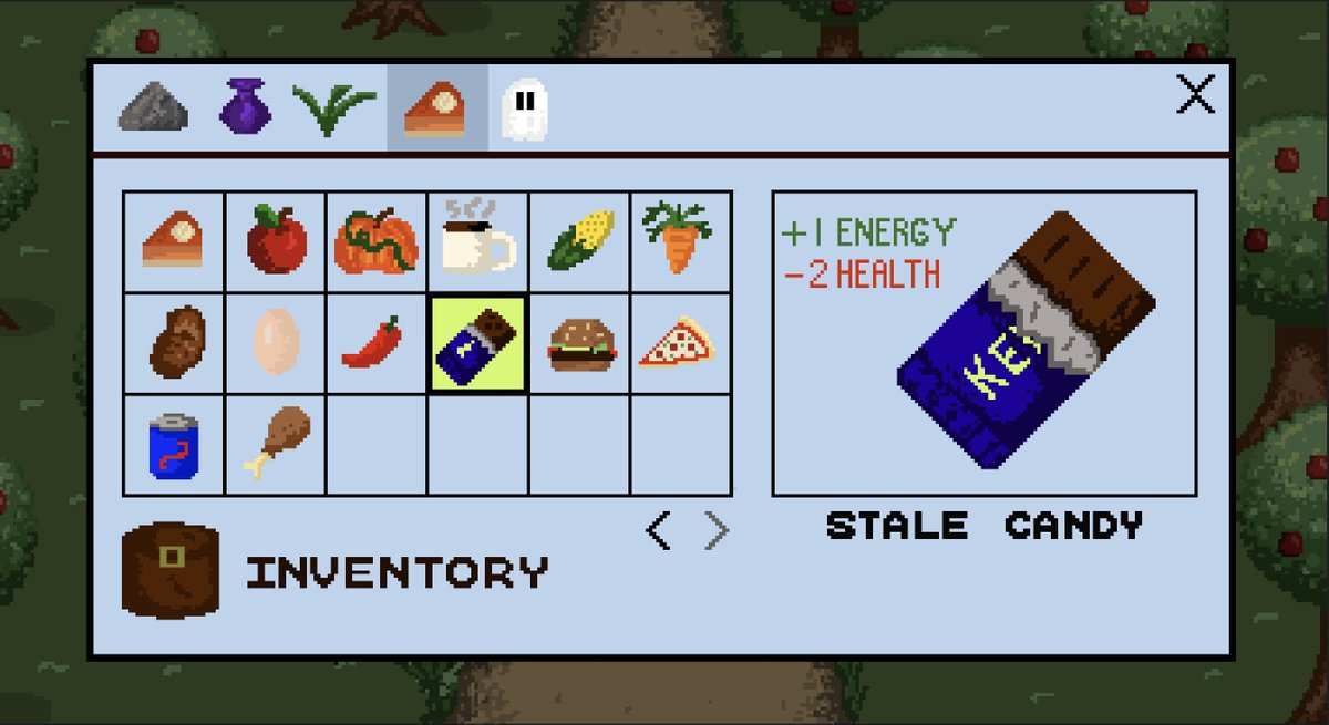 Day 9 of <a href="/13Days13Shorts/">🎃 13 Days 13 Shorts 🎃</a>: The Staleness of Halloween Candy Long Forgotten

Get a glimpse of the Moonrise Harvest inventory system. Do you dare eat the stale candy you found on the last page of your cluttered food collection? Restore some energy, but lose some health.