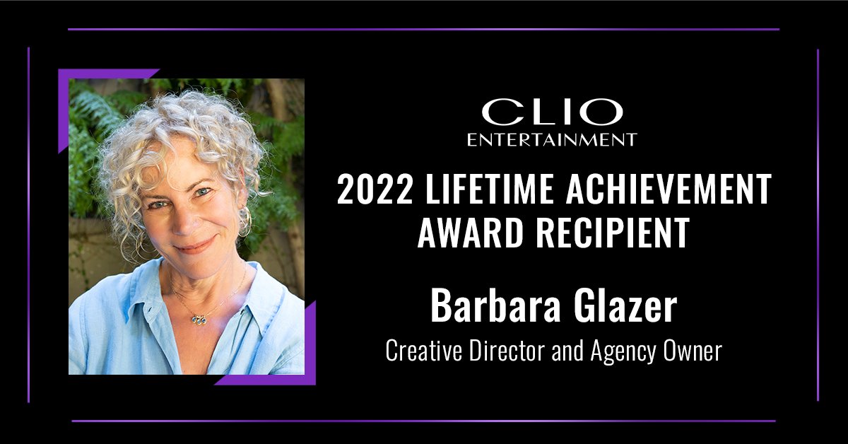 The 2022 #ClioEntertainment Lifetime Achievement Award recipient is Barbara Glazer! Barbara Glazer began her editing career working on documentaries, eventually going on to work on iconic trailers as the co-founder of her own agency, The Ant Farm. bit.ly/3EPCEIm