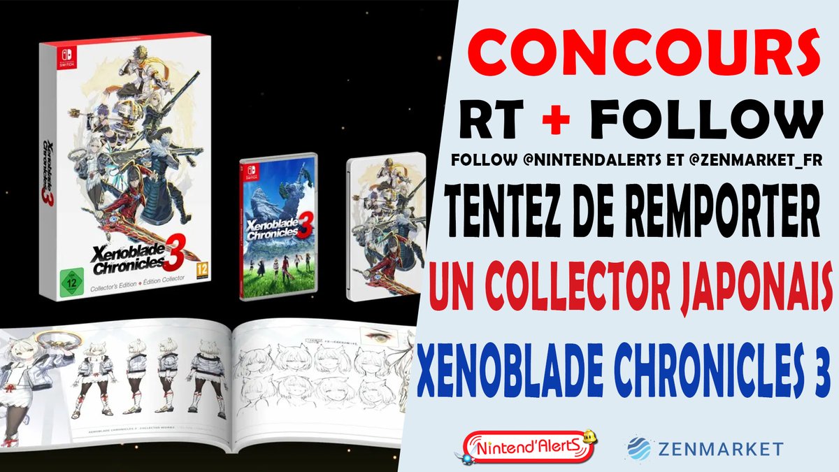 Concours 🎁 ! Un collector Japonais #XenobladeChronicles3 à gagner !
Pour participer RT ce tweet, Follow <a href="/nintendalerts/">Nintend'Alerts</a> + <a href="/zenmarket_fr/">ZenMarket France</a> et valide ta participation ici ➡️ gleam.io/fIpx1/fr-xenob…
Contient : 
-Jeu en version Jap (jouable en FR)
-Steelbook
-Artbook
-Boite collector
