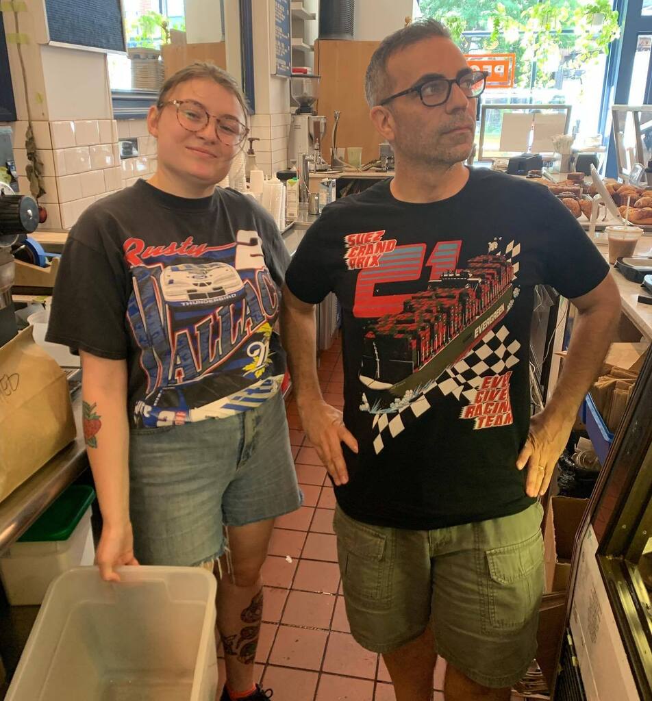 PecksFood's tweet photo. “Who wore it best?” I have my answer(sorry Stace) , but let’s give a warm shout out to Stacia for her one year Peckiversary - looks like you made it. 
#pecksfood
#greatbaristas
#funnypeople https://t.co/QL6BYDdDq8 https://t.co/McdpvZLGI3