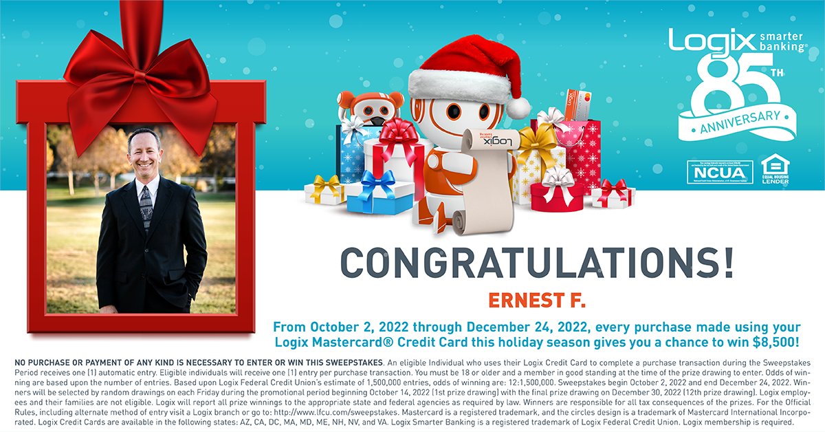 LogixFCU's tweet photo. Congratulations Ernest F.! 💥 10 chances left! 💥

Use your Logix Platinum or Platinum Rewards Mastercard® Credit Card to be entered into a weekly drawing. 1 lucky member wins $8,500! #85YearsofLFCU

#Logix#SmarterBanking #CreditUnion https://t.co/aKzZMOE5xB