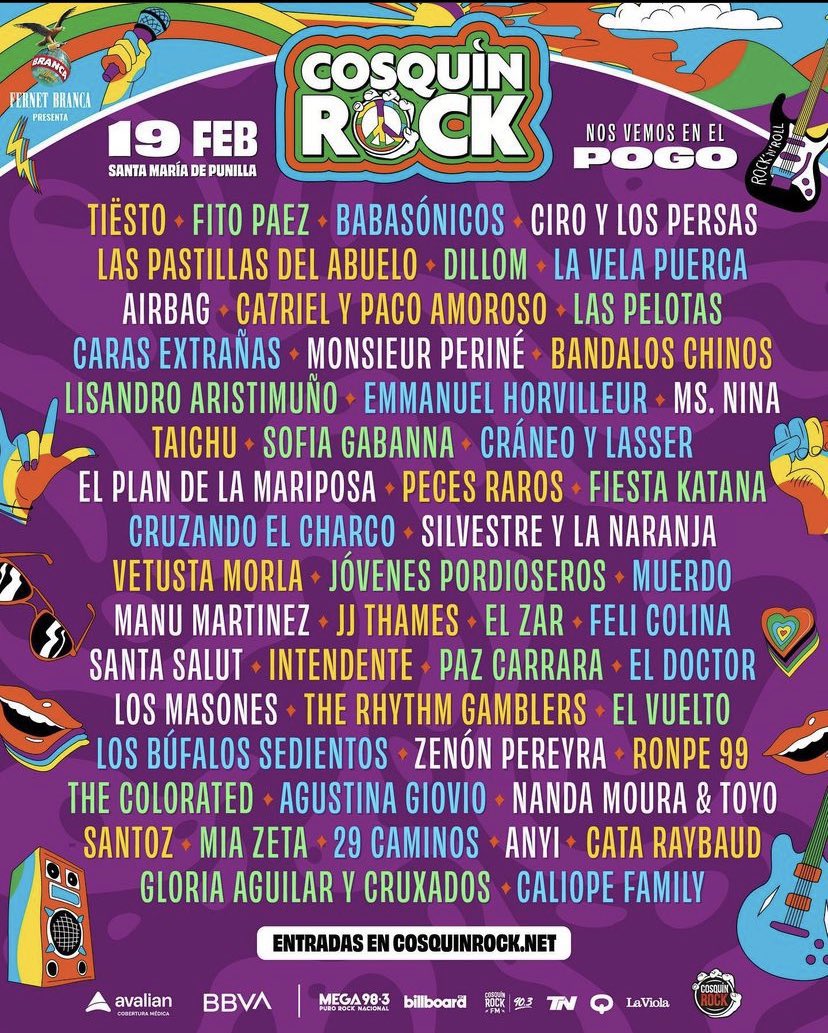 fedeebongiorno's tweet photo. 🎫 tremendo lineup del cosquín rock 2023, a realizarse el 18 y el 19 de febrero

los artistas internacionales incluyen a no te va gustar, rels b, lp, lila downs, monsieur periné y tiësto https://t.co/iLN0H3LrYD
