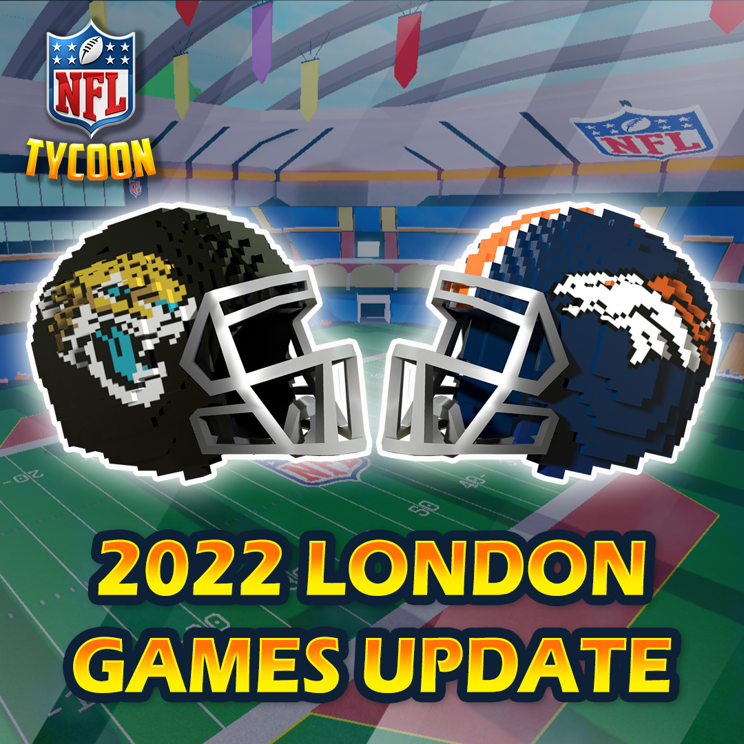 NFL's tweet photo. More London Games loot is available to grab up in @NFLTycoon on @Roblox! Get your own helmets and join the party! 🏈 https://t.co/W5VGXkzaPW

#DENvsJAX -- Sunday 9:30am ET on ESPN+
Also available on NFL+ https://t.co/R0MurbqKtc