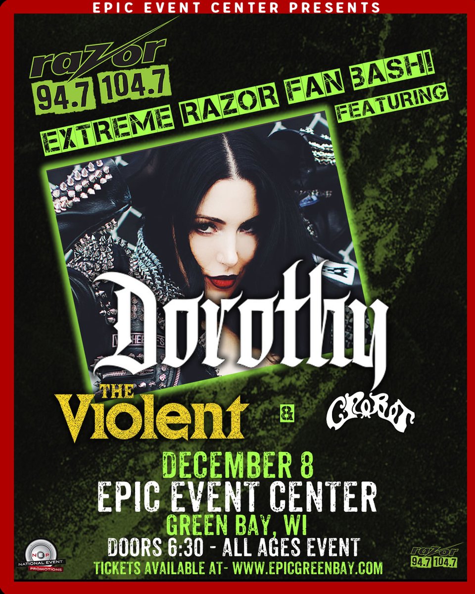 🚨 CONCERT ANNOUNCEMENT 🚨 Get ready for our Extreme Razor Fan Bash! @itsdorothysucka will take the stage along with @TheViolentMusic and @Crobotband at @EPICGreenBay December 8th! Tix go on sale MONDAY at 10AM! bit.ly/RWERF2022