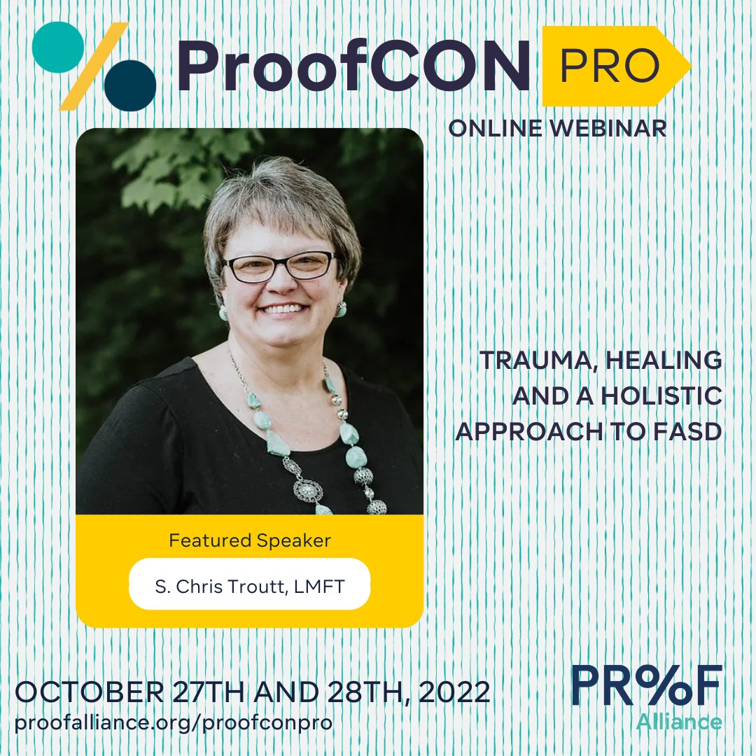 Proof_Alliance's tweet photo. Are you joining us for #ProofCONPro today? At 2:45 p.m. CST today, learn from Chris Troutt, LMFT, during the presentation, "Trauma, Healing and a Holistic Approach to FASD."
Registrants, join now! If you're not yet registered, there's still time!
https://t.co/ph9lf7x3Jm https://t.co/apASlQOgbY
