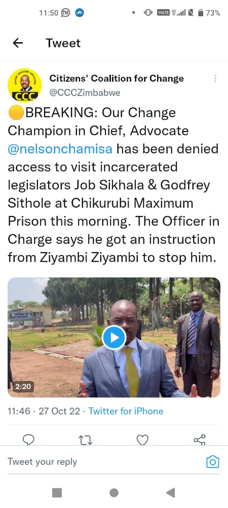 The blocking of @nelsonchamisa from meeting with Sikhala& others is most unfortunate. We don't expect such in a liberated country. Our own liberation fighters when imprisoned by the Rhodesians were allowed visitors. Why do we have to go so low? We can't be worse than Rhodesia.