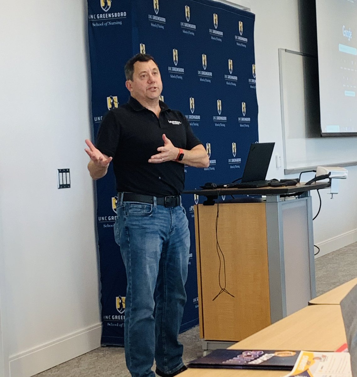 UNCG's tweet photo. We're also glad to have on campus Epic Games' @mr_isaacs. He spoke to the group about how to integrate #UnrealEngine into North Carolina schools, and he's training educators in the 3D tool as part of our first ever #E2Weekend on Friday and Saturday. https://t.co/Po77YlKFWd