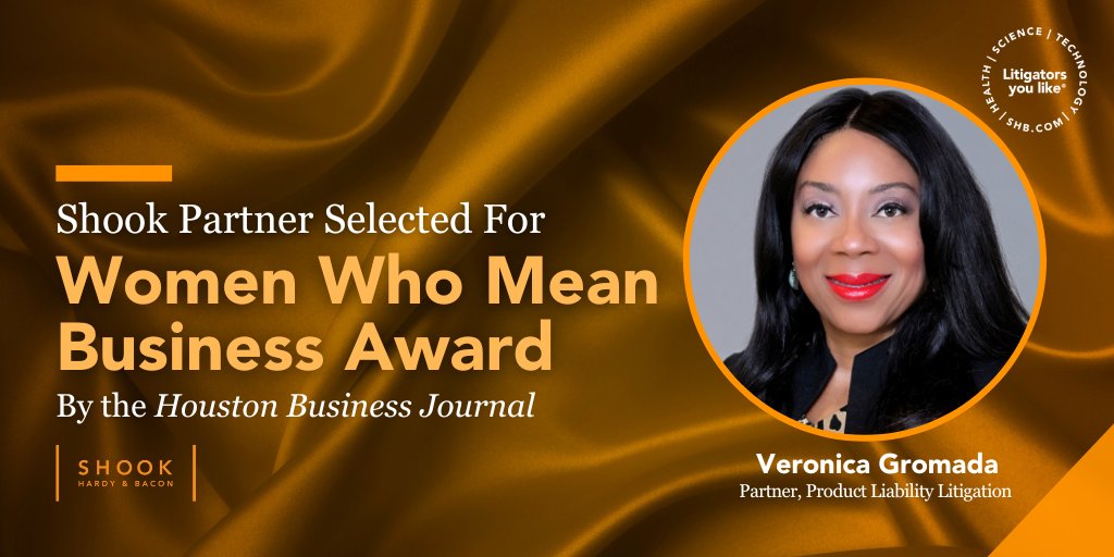 Shook Partner Veronica Gromada has been selected for the 2022 Women Who Mean Business Award by the <a href="/HOUBizJournal/">Houston Business Journal</a>. This award recognizes women in leadership roles who have demonstrated excellence in their careers and community. fal.cn/3t77M #WomenInLaw