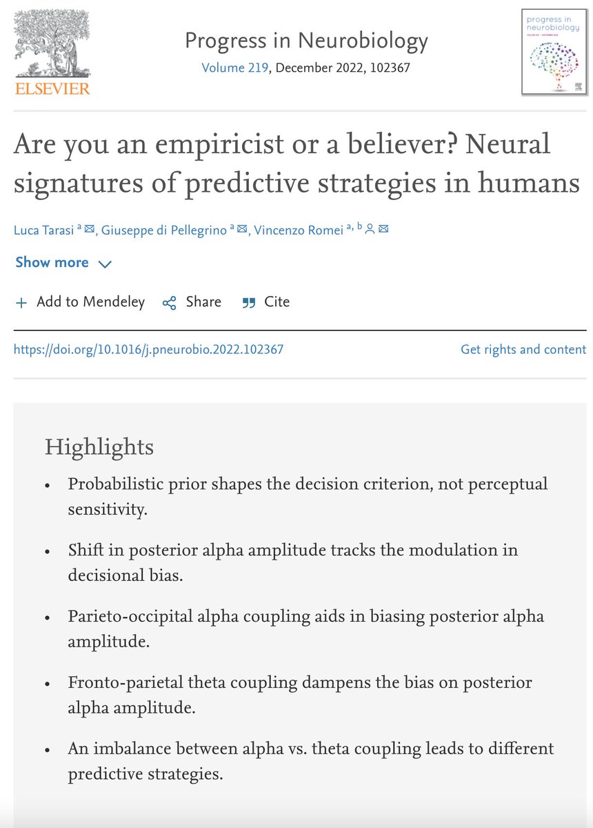 Vincenzo ROMEI (@vincenzoromei) on Twitter photo Very proud to announce our latest effort published in Progress in Neurobiology on the oscillatory correlates of predictive strategies in humans. Find out what happens in our brain when we blindly trust or suspiciously check our surroundings.
sciencedirect.com/science/articl…
<a href="/tarasi_luca/">Luca Tarasi</a> Very proud to announce our latest effort published in Progress in Neurobiology on the oscillatory correlates of predictive strategies in humans. Find out what happens in our brain when we blindly trust or suspiciously check our surroundings.
sciencedirect.com/science/articl…
<a href="/tarasi_luca/">Luca Tarasi</a>