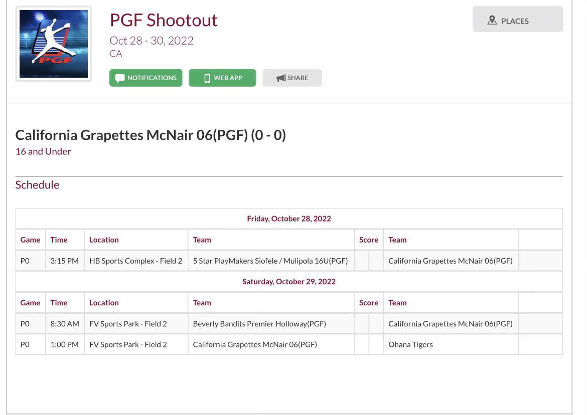 briallen2024's tweet photo. Schedule for this weekend in the LA PGF Shootout. #grapettes #gograpes ๐๐ค https://t.co/jtk4GaxIHr